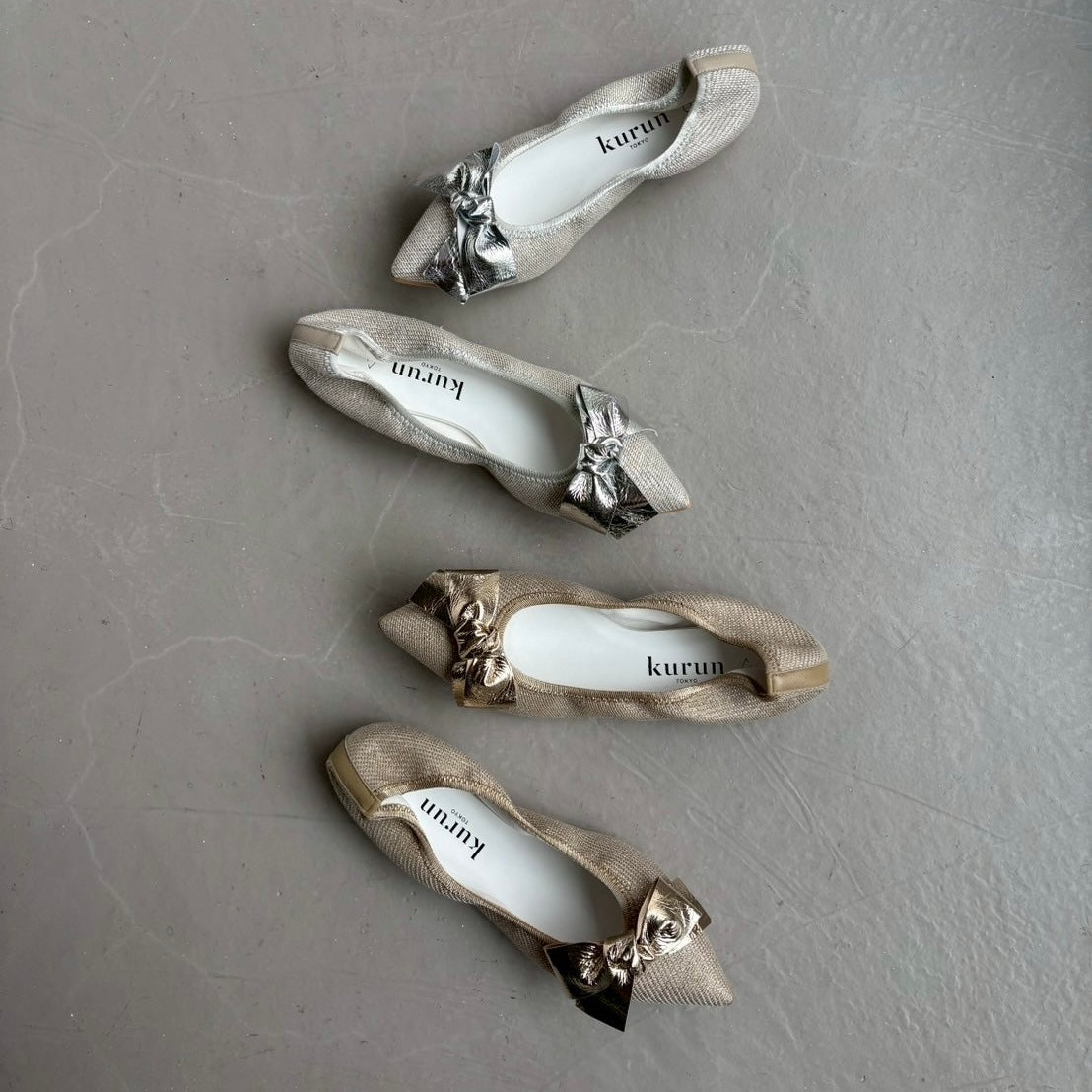 Mathilde -Waterproof Linen lame cloth Big Ribbon Gold ウォータープルーフ リネンラメクロス Bigリボンゴールド kurun クルン kuruntokyo 入学式 卒業式 クルントウキョウ 疲れない 痛くない madeinjapan 日本製 本革 バレエシューズ フラットシューズ パンプス kurunTOKYO mdmバレエシューズwaterproof レインシューズ 小さいサイズ 大きいサイズ 26cm 21.5cm 26cm 25.5cm 25cm 22cm
