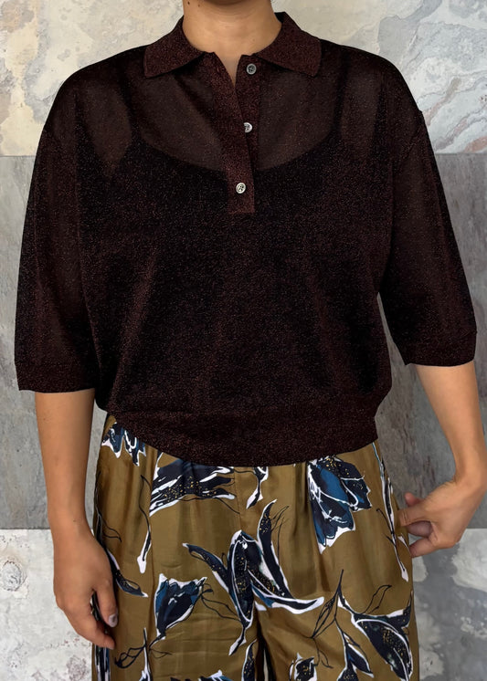 SACRA/EX.FINE GLOSSY YARN POLO TOP