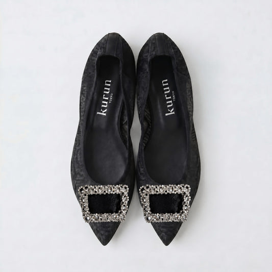Mathilde -Tulle cloth bijou Black チュールクロス ビジュー ブラック kurun クルン kuruntokyo 入学式 卒業式 クルントウキョウ 疲れない 痛くない madeinjapan 日本製 本革 バレエシューズ フラットシューズ パンプス kurunTOKYO mdmバレエシューズwaterproof レインシューズ 小さいサイズ 大きいサイズ 26cm 21.5cm 26cm 25.5cm 25cm 22cm