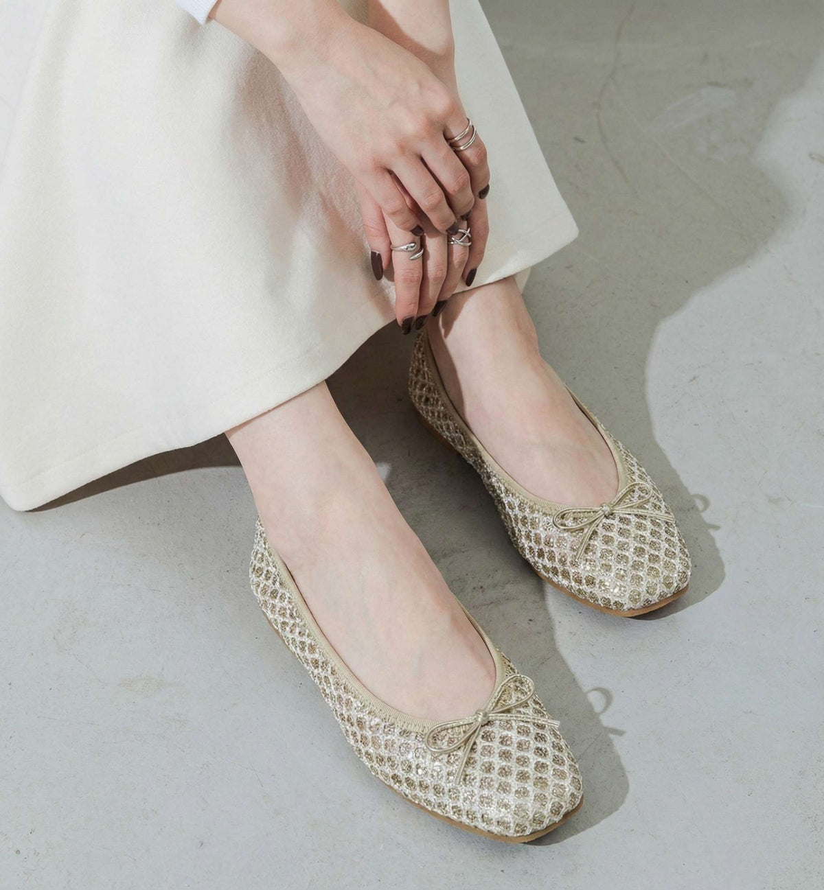 Giselle -Flower lace glitter Champagne gold フラワーレースグリッター シャンパンゴールド kurun クルン kuruntokyo 入学式 卒業式 クルントウキョウ 疲れない 痛くない madeinjapan 日本製 本革 バレエシューズ フラットシューズ パンプス kurunTOKYO mdmバレエシューズwaterproof レインシューズ 小さいサイズ 大きいサイズ 26cm 21.5cm 26cm 25.5cm 25cm 22cm