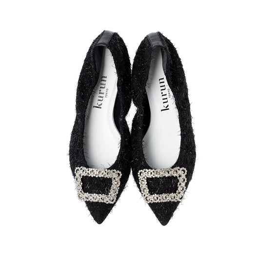 [9/24(wed)20:00～販売開始]Inès -Fringe cloth bijou Black フリンジクロス ビジュー ブラック kurun クルン kuruntokyo 入学式 卒業式 クルントウキョウ 疲れない 痛くない madeinjapan 日本製 本革 バレエシューズ フラットシューズ パンプス kurunTOKYO mdmバレエシューズwaterproof レインシューズ 小さいサイズ 大きいサイズ 26cm 21.5cm 26cm 25.5cm 25cm 22cm