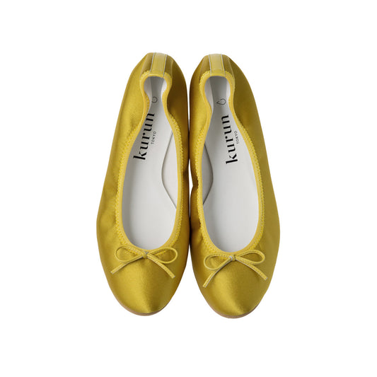 Pauline -Waterproof Satin Yellow　ウォータープルーフサテン イエロー kurun クルン kuruntokyo 入学式 卒業式 クルントウキョウ 疲れない 痛くない madeinjapan 日本製 本革 バレエシューズ フラットシューズ  パンプス kurunTOKYO mdmバレエシューズwaterproof レインシューズ 小さいサイズ 大きいサイズ 26cm 21.5cm 26cm 25.5cm 25cm 22cm