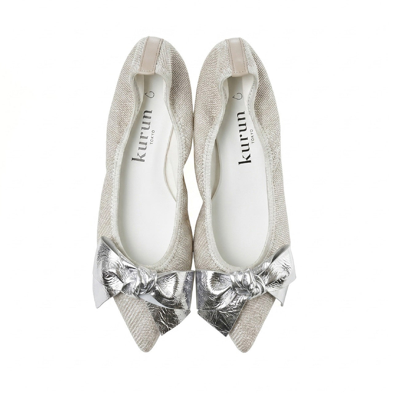 Mathilde -Waterproof Linen lame cloth Big Ribbon Silver ウォータープルーフ リネンラメクロス Bigリボンシルバー kurun クルン kuruntokyo 入学式 卒業式 クルントウキョウ 疲れない 痛くない madeinjapan 日本製 本革 バレエシューズ フラットシューズ パンプス kurunTOKYO mdmバレエシューズwaterproof レインシューズ 小さいサイズ 大きいサイズ 26cm 21.5cm 26cm 25.5cm 25cm 22cm