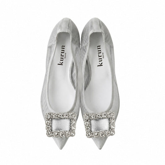 Mathilde -Tulle Cloth bijou Silver チュールクロス ビジュー シルバー kurun クルン kuruntokyo 入学式 卒業式 クルントウキョウ 疲れない 痛くない madeinjapan 日本製 本革 バレエシューズ フラットシューズ パンプス kurunTOKYO mdmバレエシューズwaterproof レインシューズ 小さいサイズ 大きいサイズ 26cm 21.5cm 26cm 25.5cm 25cm 22cm