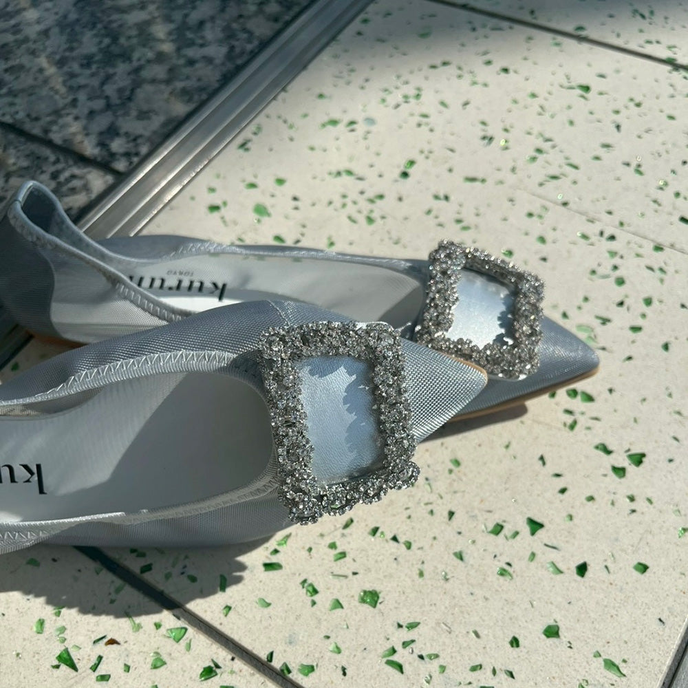 Mathilde -Tulle Cloth bijou Silver チュールクロス ビジュー シルバー kurun クルン kuruntokyo 入学式 卒業式 クルントウキョウ 疲れない 痛くない madeinjapan 日本製 本革 バレエシューズ フラットシューズ パンプス kurunTOKYO mdmバレエシューズwaterproof レインシューズ 小さいサイズ 大きいサイズ 26cm 21.5cm 26cm 25.5cm 25cm 22cm